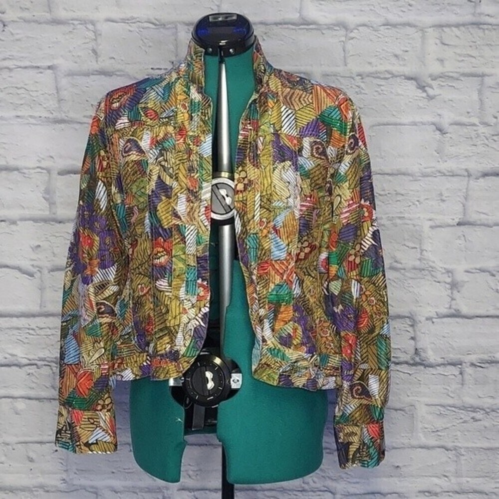 CHICOS Womens Multi Print 100% Silk artsy open front light jacket Sz Small